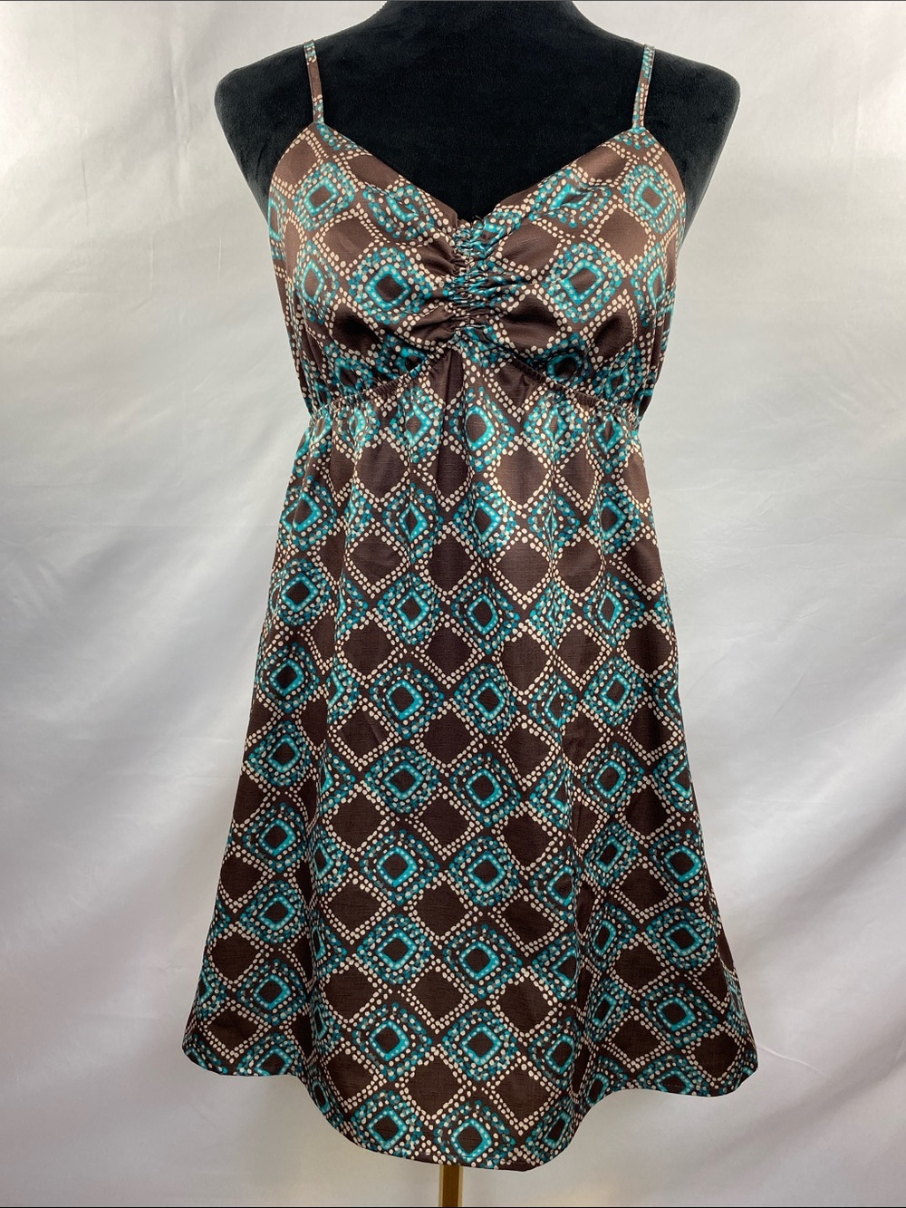 Cider Y2K Brown Teal Geometric Print Cutout Back Mini Dress Size Small